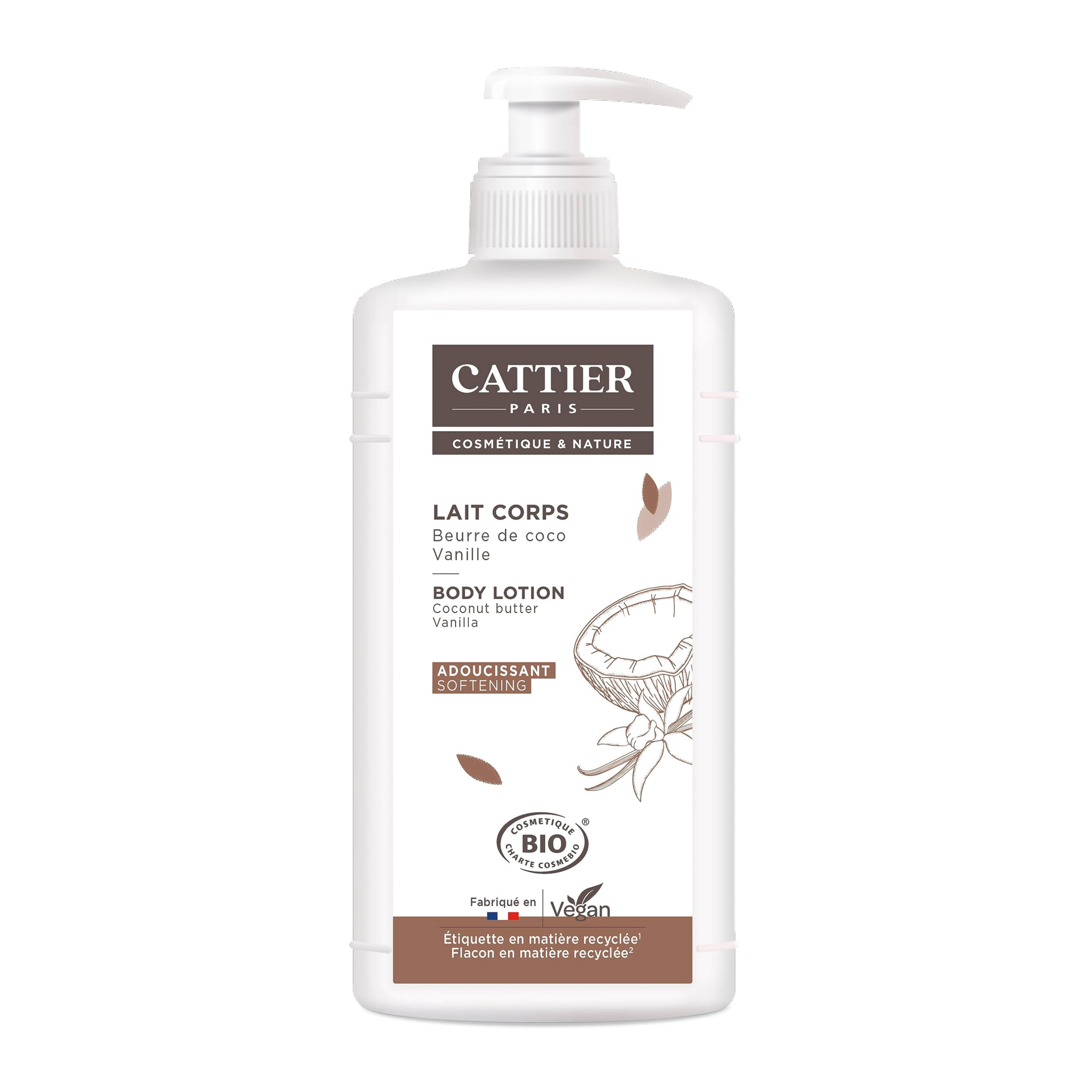 Flacon pompe de lait corps adoucissant Cattier coco et vanille BIO 500 ml Flacon pompe de lait corps adoucissant Cattier coco et vanille BIO 500 ml