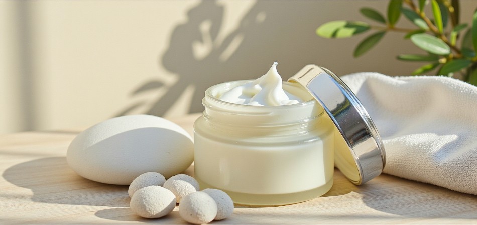 Crème blanche pour soins des mains et des pieds, texture onctueuse, cosmétique naturel