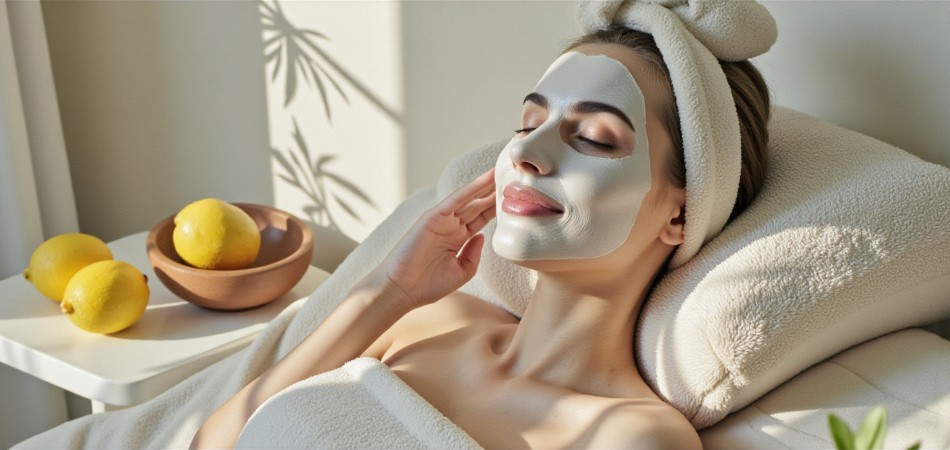 Femme appliquant un masque visage dans un intérieur lumineux et cosy, soin visage naturel et relaxant, ambiance méditerranéenne et fraîcheur des agrumes