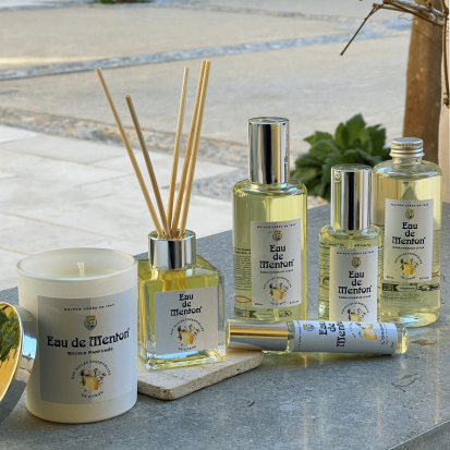 Produits parfumés Eau de Menton inspirés des agrumes méditerranéens, bougie et parfums d’intérieur