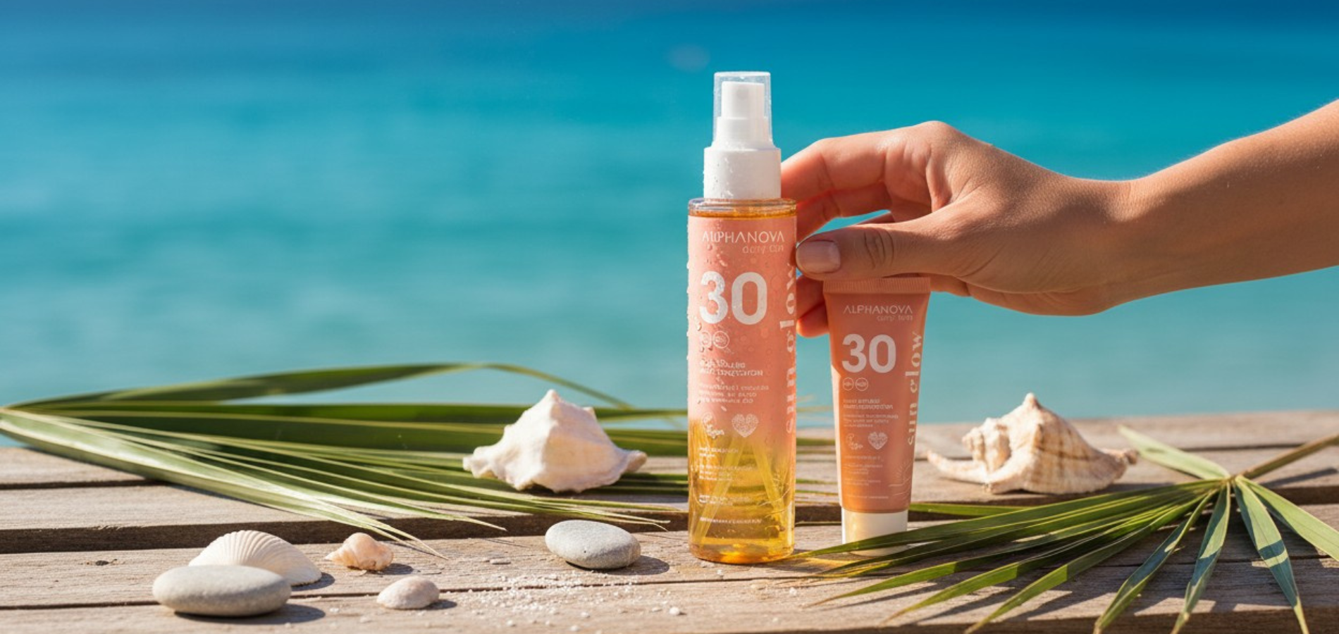 Produits protections solaires Alphanova sur la plage