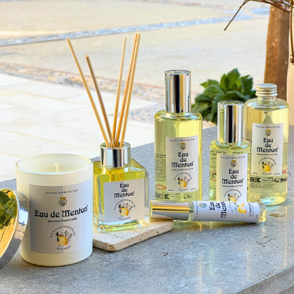 Produits parfumés Eau de Menton inspirés des agrumes méditerranéens, bougie et parfums d’intérieur